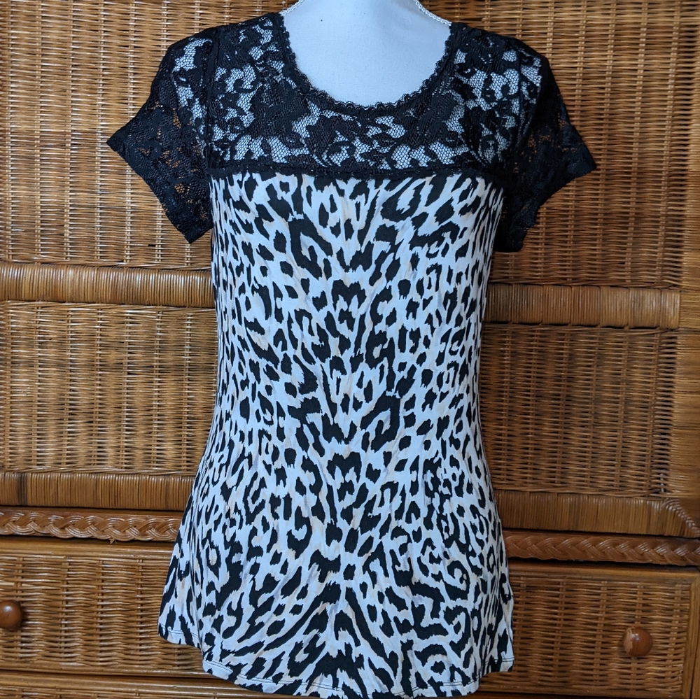White House Black Market Leopard and Lace Top MEDIUM